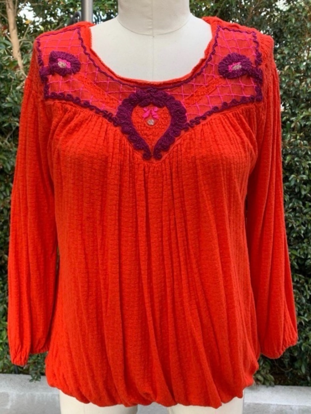 Free People Red Begonia Embroidered Top Women’s Peasant Boho Cottage